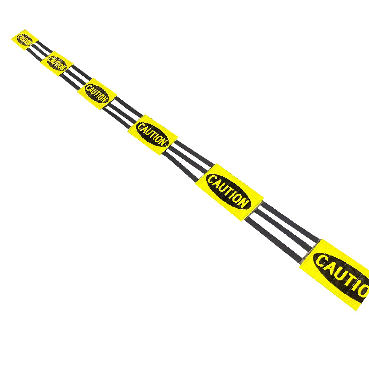 Yellow and black caution tape with repeated 'CAUTION' labels, shown diagonally on a plain white background.