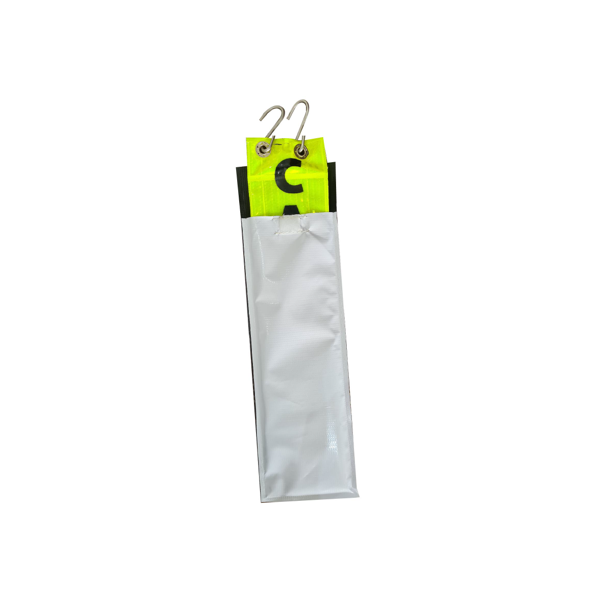 A vertical white reflective pouch with a bright neon yellow-green header tab featuring a black letter 'C', hanging from two silver metal clips against a plain white background.