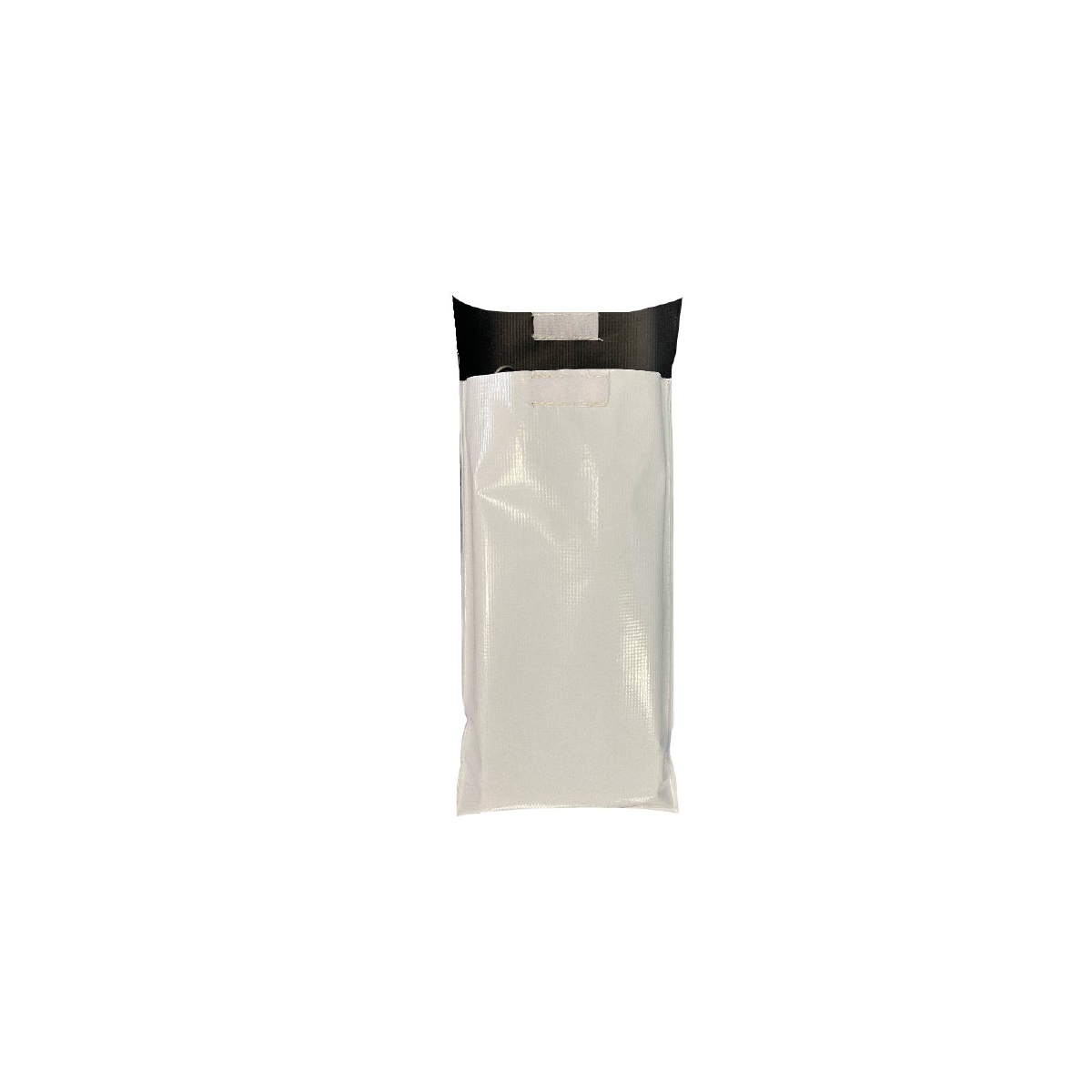 A silver metallic mailer envelope with a black resealable top seal, shown vertically against a plain white background.