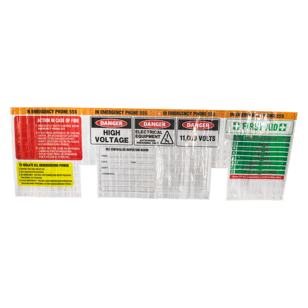 11,000 Volt Electrical Reflective Roll Up Banner with Fire Extinguisher Cut-Outs / Distribution Control Board Safety Banner 2500mm x 800mm