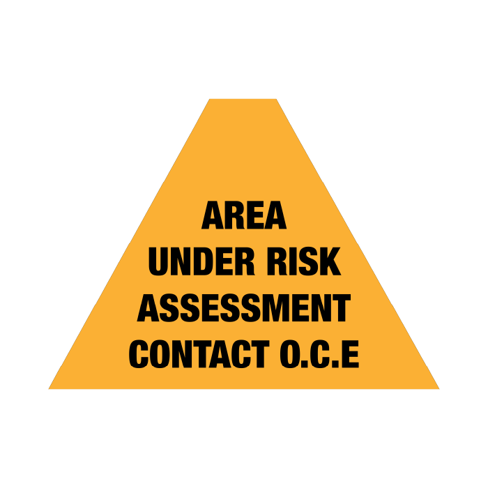 Tri Stand Markers Roll-Up Sign System – Area Under Risk Assessment Contact O.C.E – Three-Sided Reflective Safety Sign for Roadwork, Mining & Underground Applications