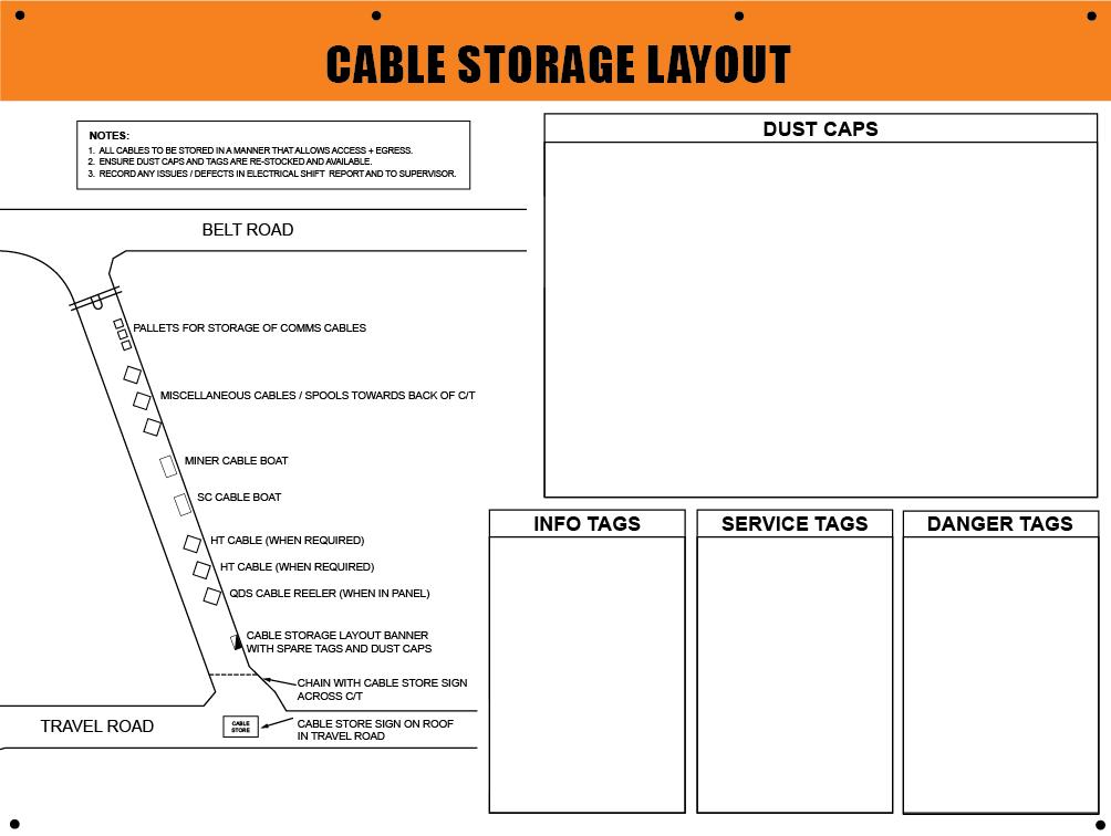Reflective Mining CT Map Banner with reinforced eyelets and optional clear document pockets for displaying cable tracking maps, safety plans, and site layouts.