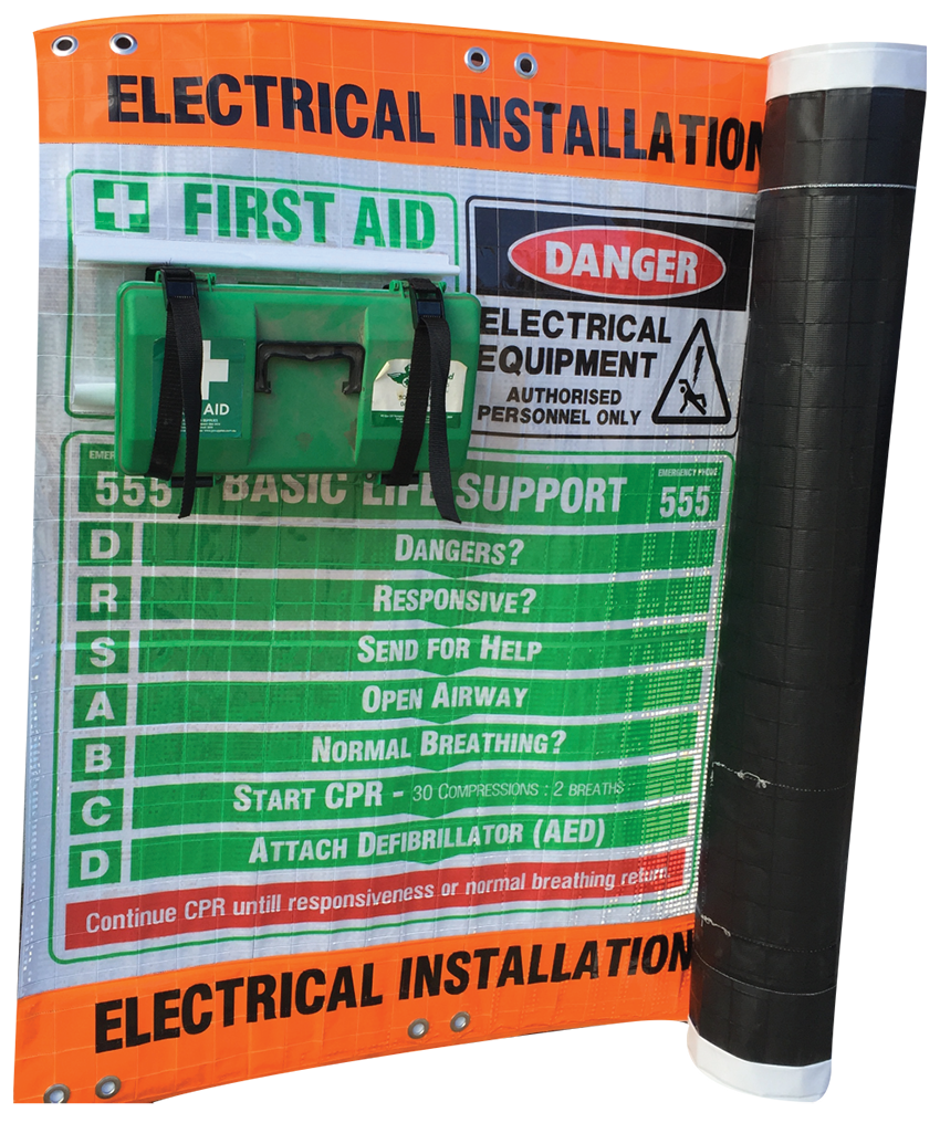 Double-sided reflective roll-up banner reading ‘11000 VOLT ELECTRICAL’ with extinguisher cut-outs, Velcro sleeves, eyelets and stiffening rod pocket.