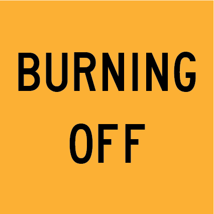 Burning Off MMS-ADV-73 warning sign, 600×600 mm traffic yellow CL400 reflective panel for WA multi-message system, alerts motorists to controlled burning operations and smoke hazards