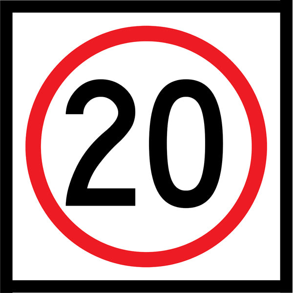 20km Speed MMS-REG-1-20 regulatory sign, 600×600 mm white CL400 reflective panel for WA multi-message system, enforces 20 km/h speed restriction in roadworks, access points, or local traffic areas