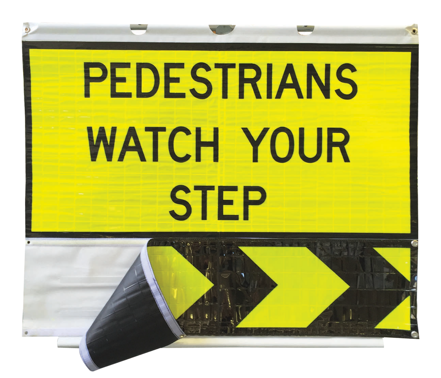 Pedestrian Changing Roll-Up Sign — Class 1W reflective multi-message sign with pedestrian safety panels