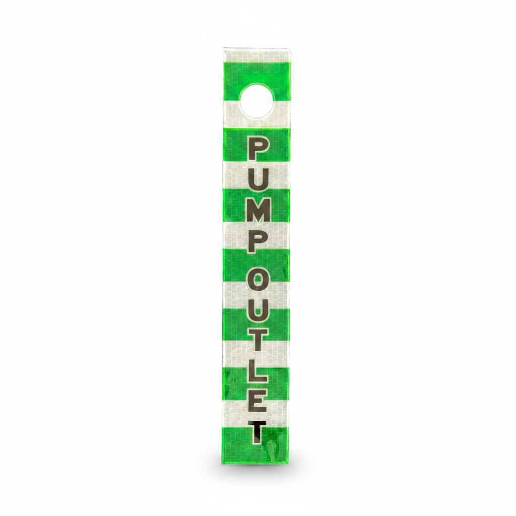 Pump Outlet – Printed Reflective Dropper Pipeline Marker / Ceiling Suspended Safety Tag - 50mm x 500mm