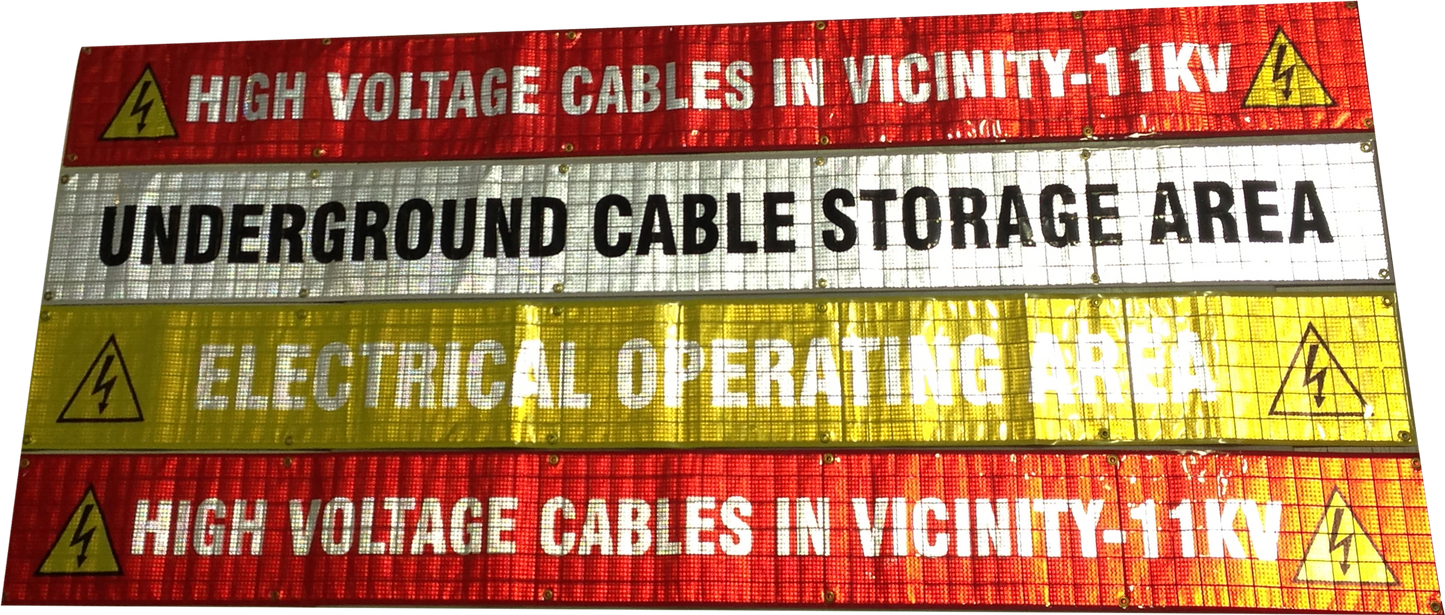 Reflective double-sided cable banner with reinforced eyelets and customisable safety messaging for mining and industrial worksites.
