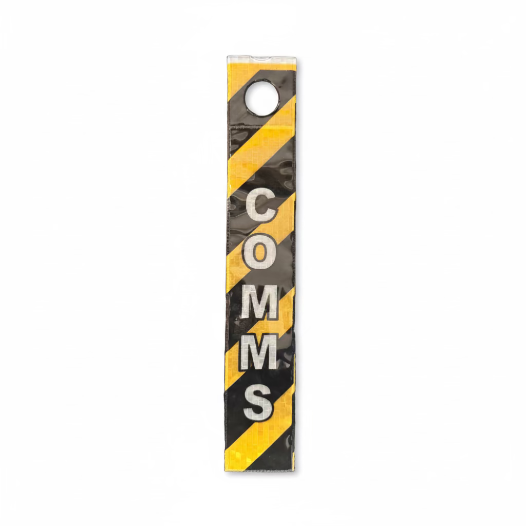 Reflective Dropper Pipeline Marker, also suitable as a Ceiling Suspended Safety Tag. Designed for unmistakable identification of pipelines, hazardous materials, and critical service lines. COMMS Identification.