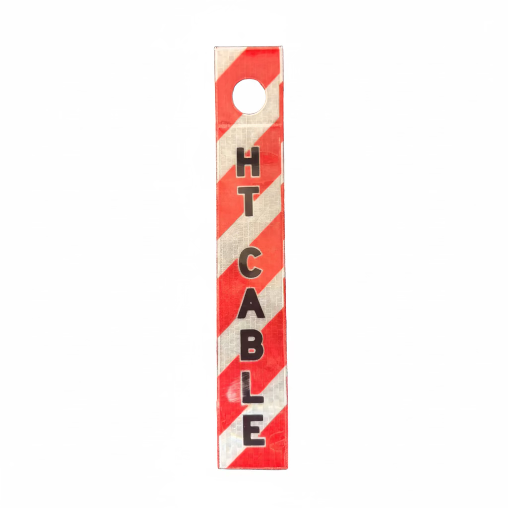 Reflective Dropper Pipeline Marker, also suitable as a Ceiling Suspended Safety Tag. Designed for unmistakable identification of pipelines, hazardous materials, and critical service lines. HT CABLE Red and White Reflective Dropper