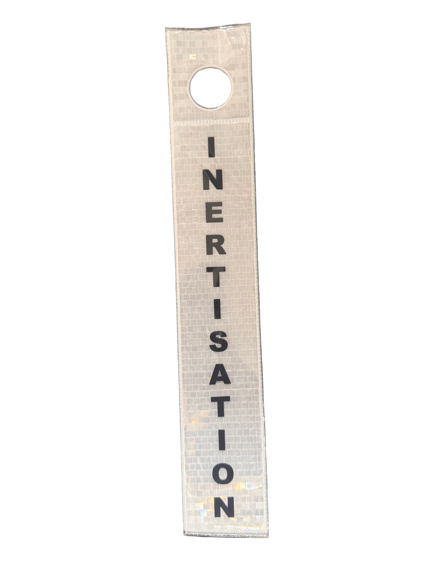 Reflective Dropper Pipeline Marker, also suitable as a Ceiling Suspended Safety Tag. Designed for unmistakable identification of pipelines, hazardous materials, and critical service lines. Inertisation White Dropper Tag