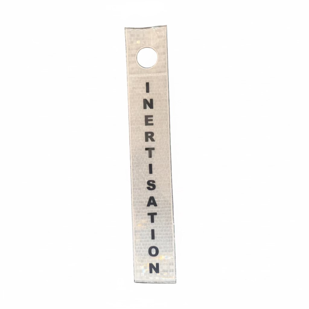 Reflective Dropper Pipeline Marker, also suitable as a Ceiling Suspended Safety Tag. Designed for unmistakable identification of pipelines, hazardous materials, and critical service lines. Inertisation White Dropper Tag