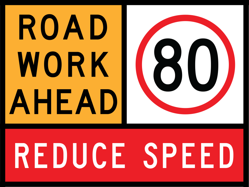 Road Work Ahead Multi Message Sign (TC1169) with 80 km/h and Reduce Speed