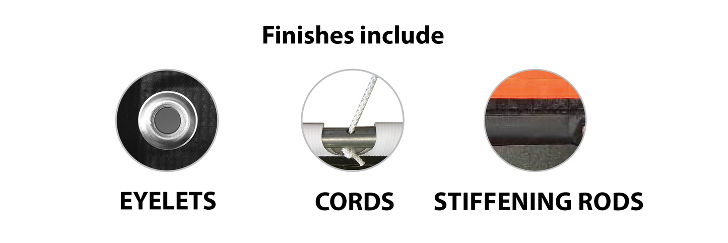 Hooks and Rods Roll Up sign finishes with eyelets, cords and stiffening rods for portability safety signage.