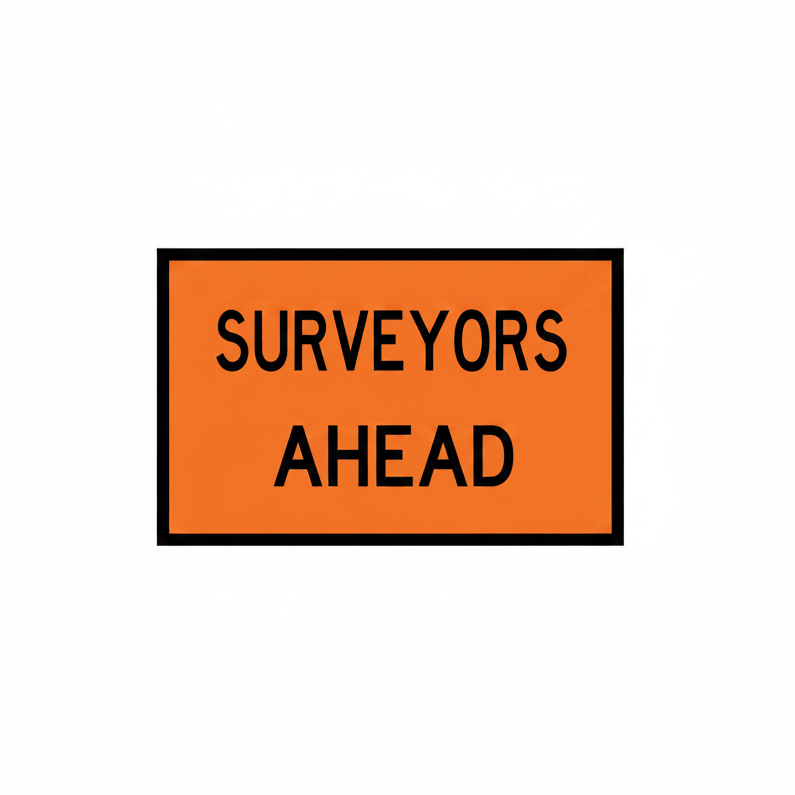 Orange sign with 'SURVEYORS AHEAD' text on a black border