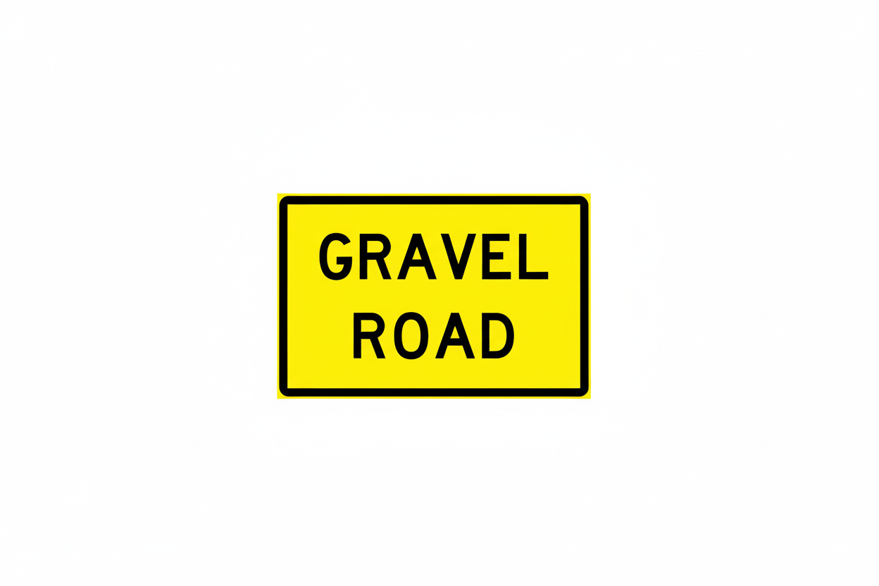 Yellow sign with 'GRAVEL ROAD' text on a black border