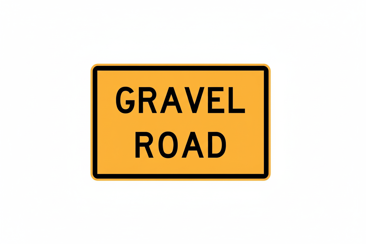 Yellow sign with black text 'GRAVEL ROAD' on a yellow background