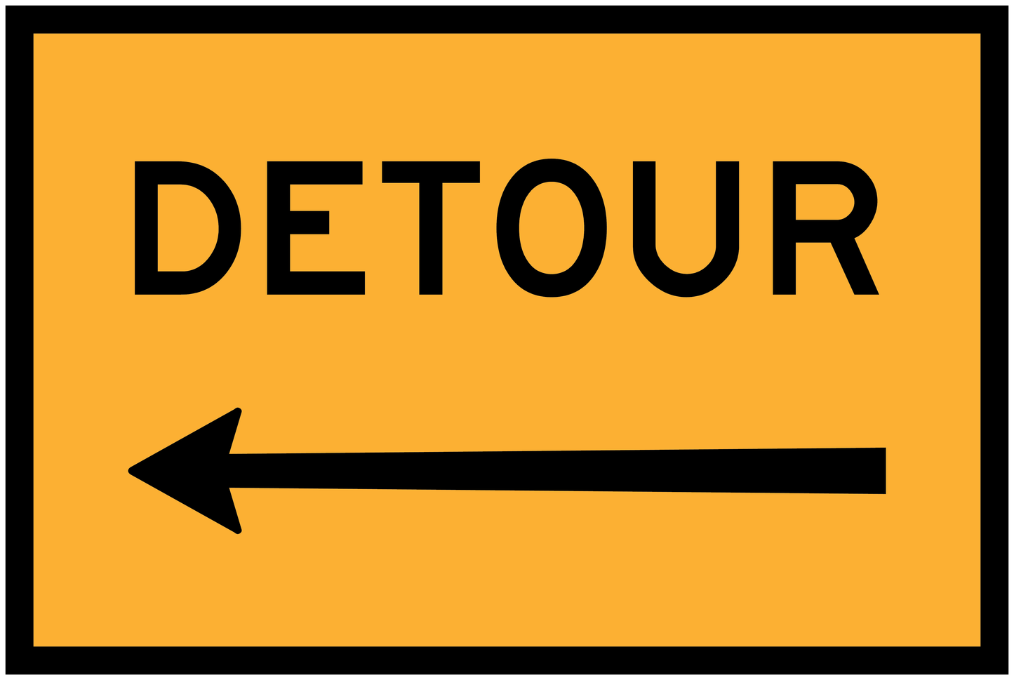 Yellow sign with black 'DETOUR' text and arrow on a white background