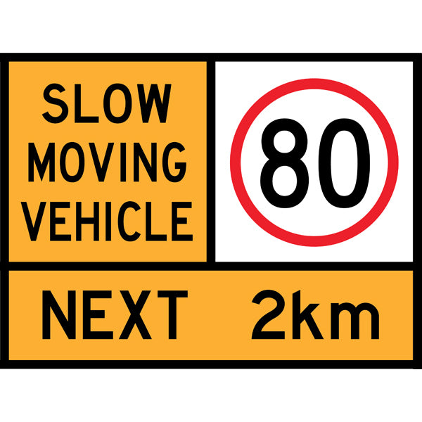 TC 1528, TC 1217-80 AND TC 1403 Slow Moving Vehicle – 80 km/h – Next 2 km Multi Message – 1200x900mm – Roll-Up Traffic Control Sign