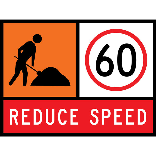 TC 1332, TC 1217-60 AND TC 1220 Workman Ahead – 60 km/h – Reduce Speed Multi Message – 1200x900mm – Roll-Up Traffic Control Sign