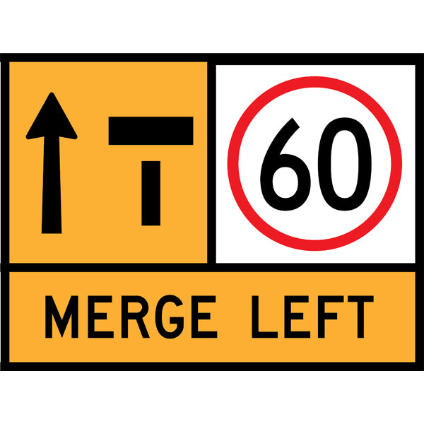 TC 1359-2, TC 1217-60 AND TC 1844-1 Right Lane Ends – 60km/h – Merge Left Multi Message – 1200x900mm – Roll-Up Traffic Control Sign