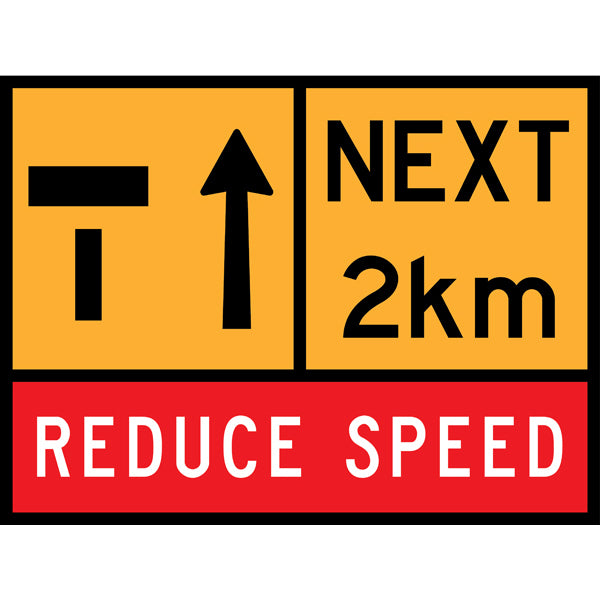 TC 1359, T1-28 AND TC 1220 Left Lane Ends – Next 2km – Reduce Speed Multi Message – 1200x900mm – Roll-Up Traffic Control Sign