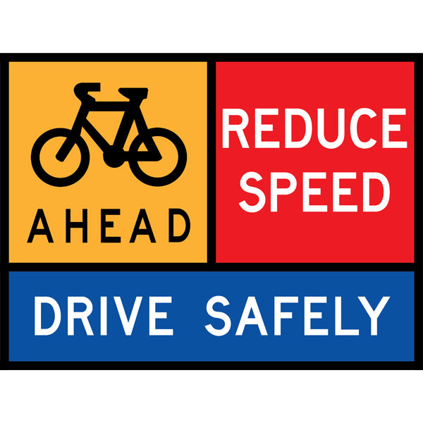 TC 1397, TC 1712 AND TC 1177 Cyclists Ahead – Reduce Speed – Drive Safely Multi Message – 1200x900mm – Roll-Up Traffic Control Sign