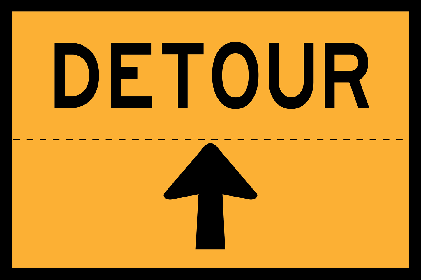 Detour sign with black text and arrow on a yellow background