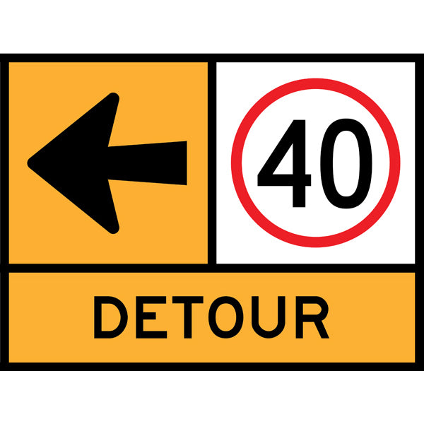 TC 1901, TC 1217-40 AND TC 1902 Left Arrow – 40km/h – Detour Multi Message – 1200x900mm – Roll-Up Traffic Control Sign