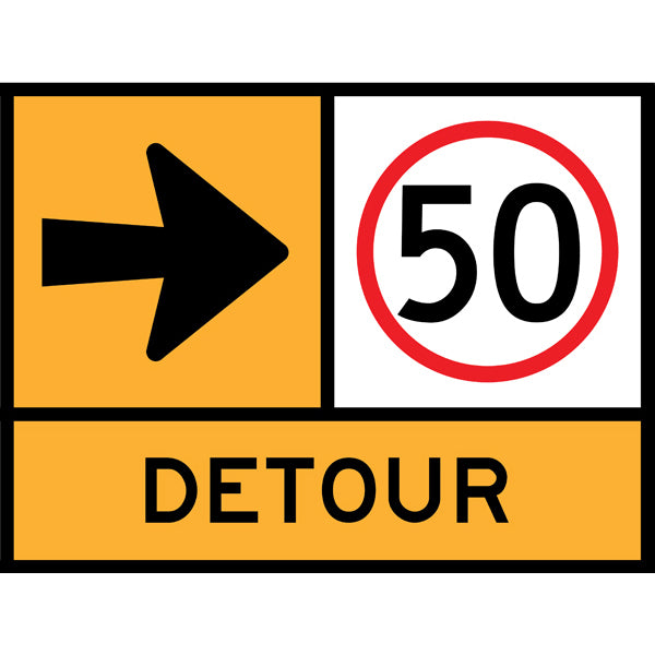 TC 1901, TC 1217-50 AND TC 1902 Right Arrow – 50km/h – Detour Multi Message – 1200x900mm – Roll-Up Traffic Control Sign