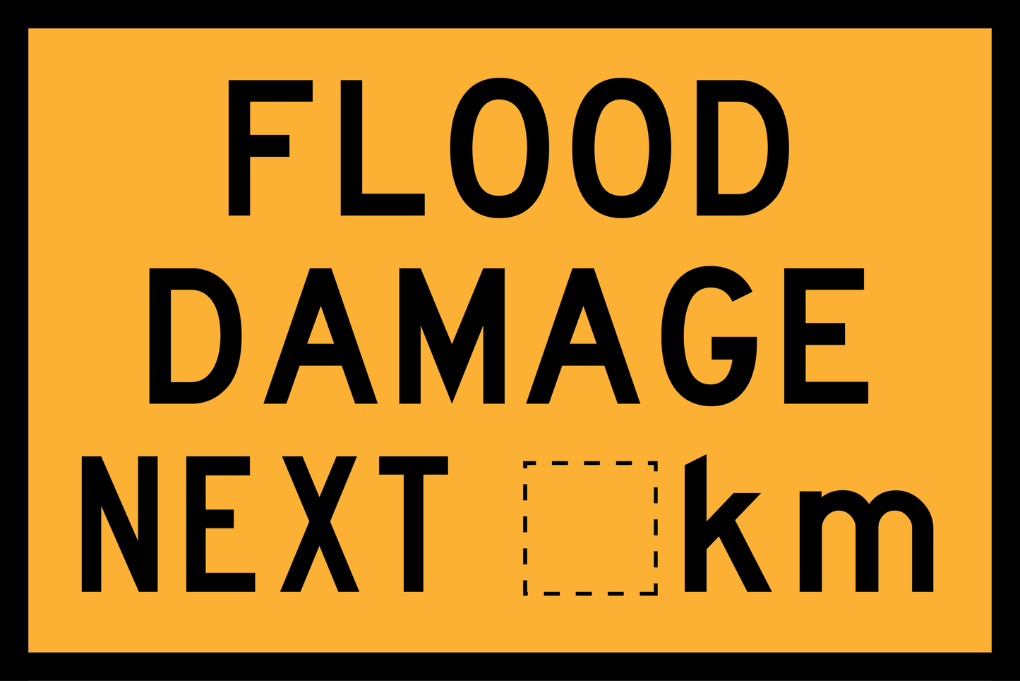 Warning sign indicating flood damage ahead with a distance indicator on a yellow background.