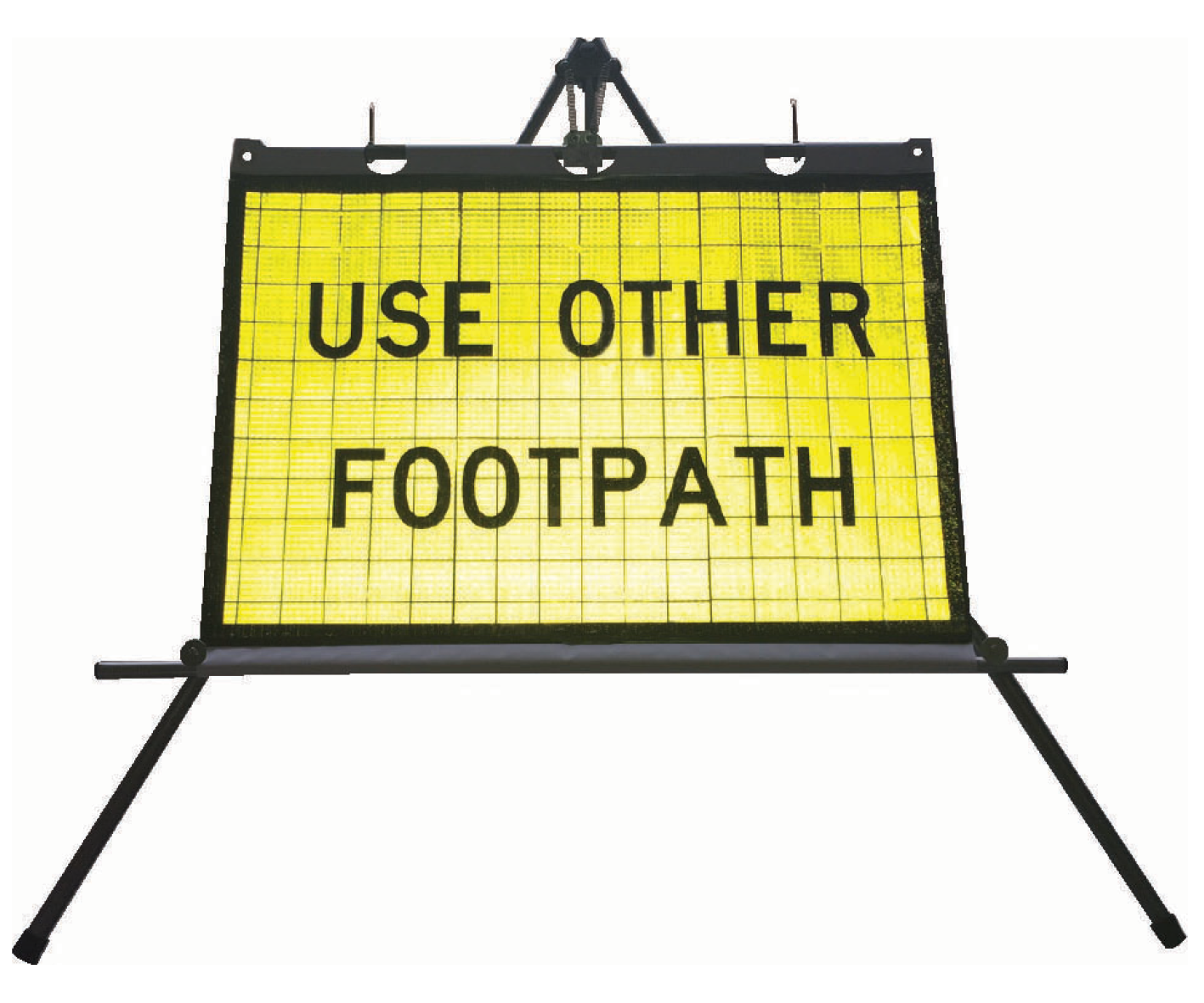 Super bright fluro yellow Triflex Roll Up Sign with stand with text "Use other Footpath" Pedestrian Safety.