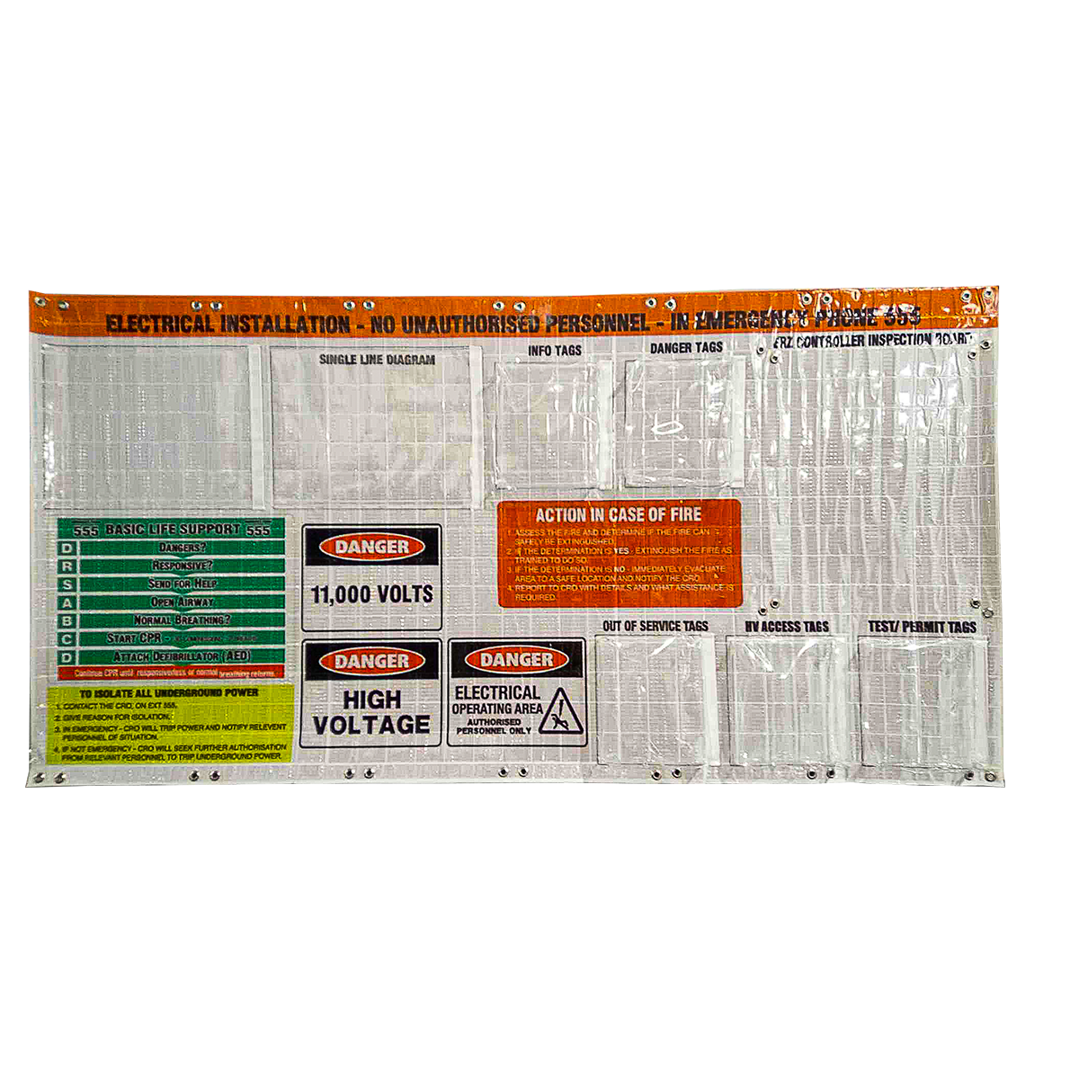 11,000 High Voltage Electrical Underground DCB Reflective Roll Up Banner / Distribution Control Board Safety Sign 2385mm x 1000mm