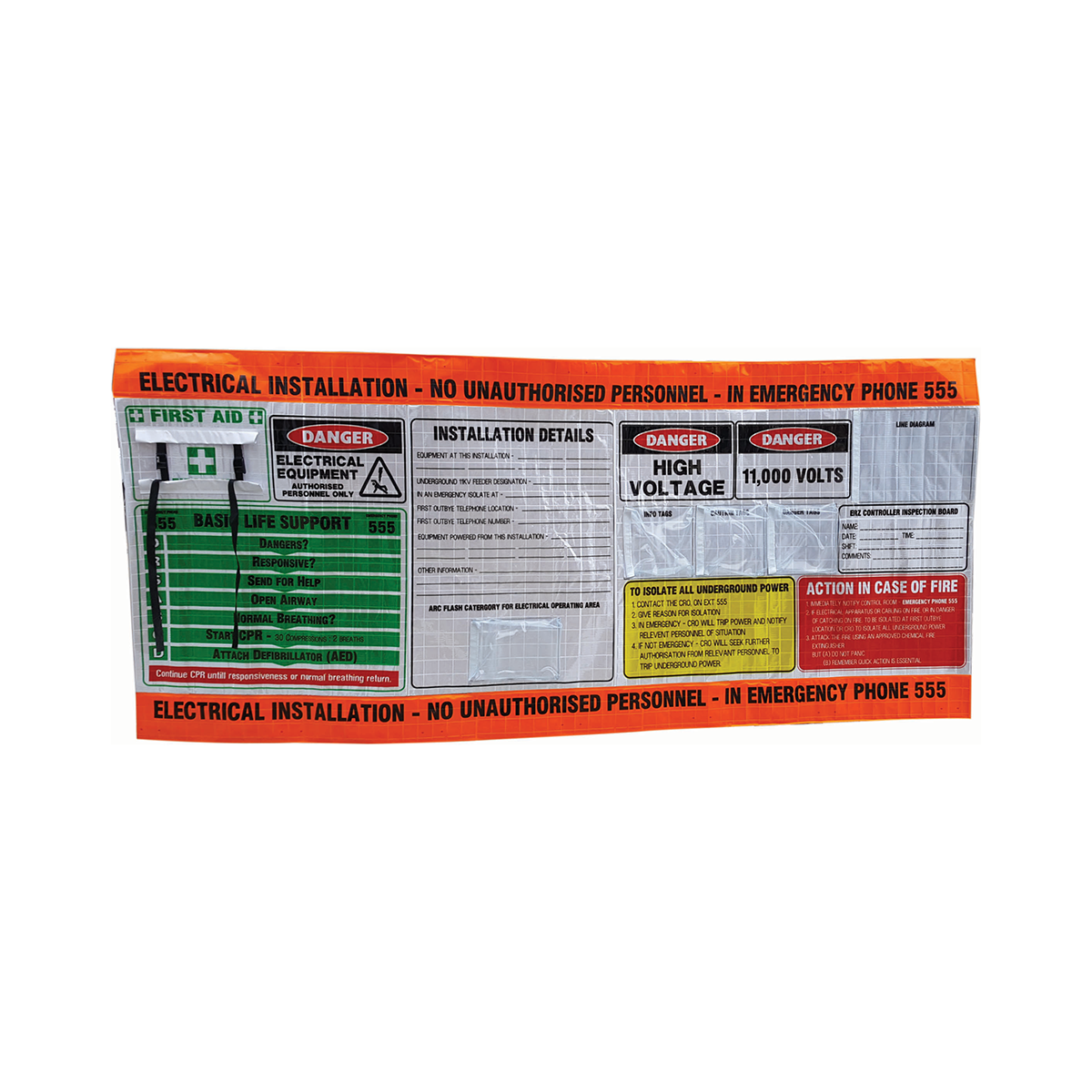 11,000 High Voltage Electrical Underground DCB Reflective Roll Up Banner / Distribution Control Board Safety Sign 3000mm x 800mm