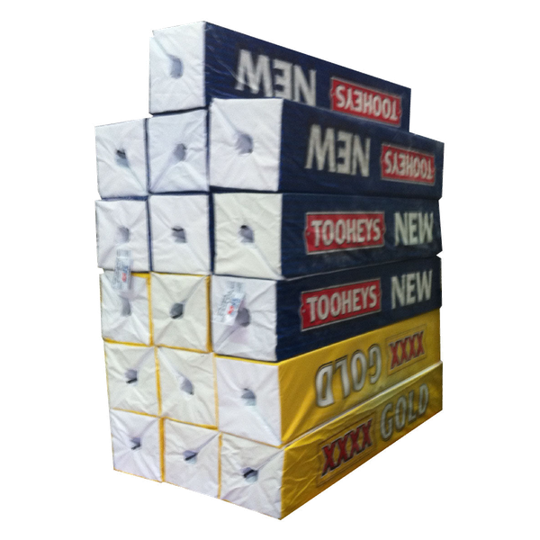 Stacked custom printed rugby goal post pads with visible post cut-outs, Tooheys New and XXXX Gold branding.