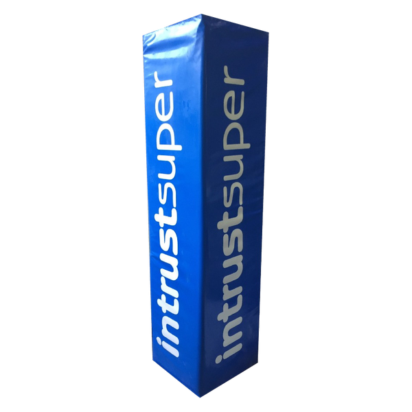 Blue square rugby goal post pad with white Intrust Super branding.