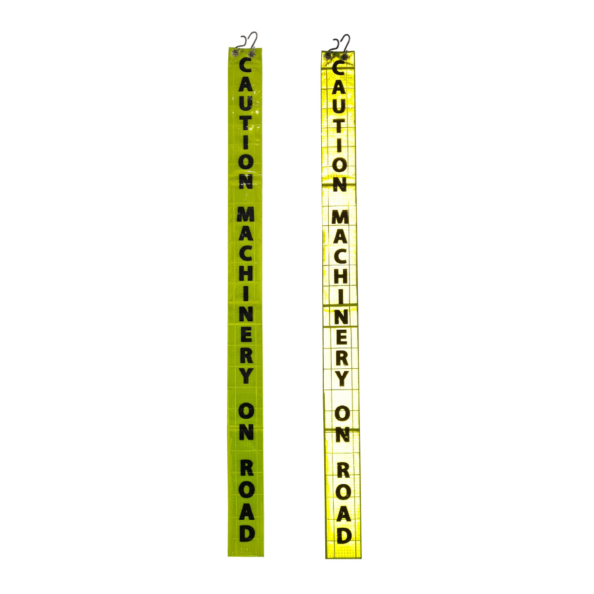 Two vertical yellow warning signs with black text reading 'CAUTION MACHINERY ON ROAD' and small metal hanging loops at the top, shown on a plain white background.