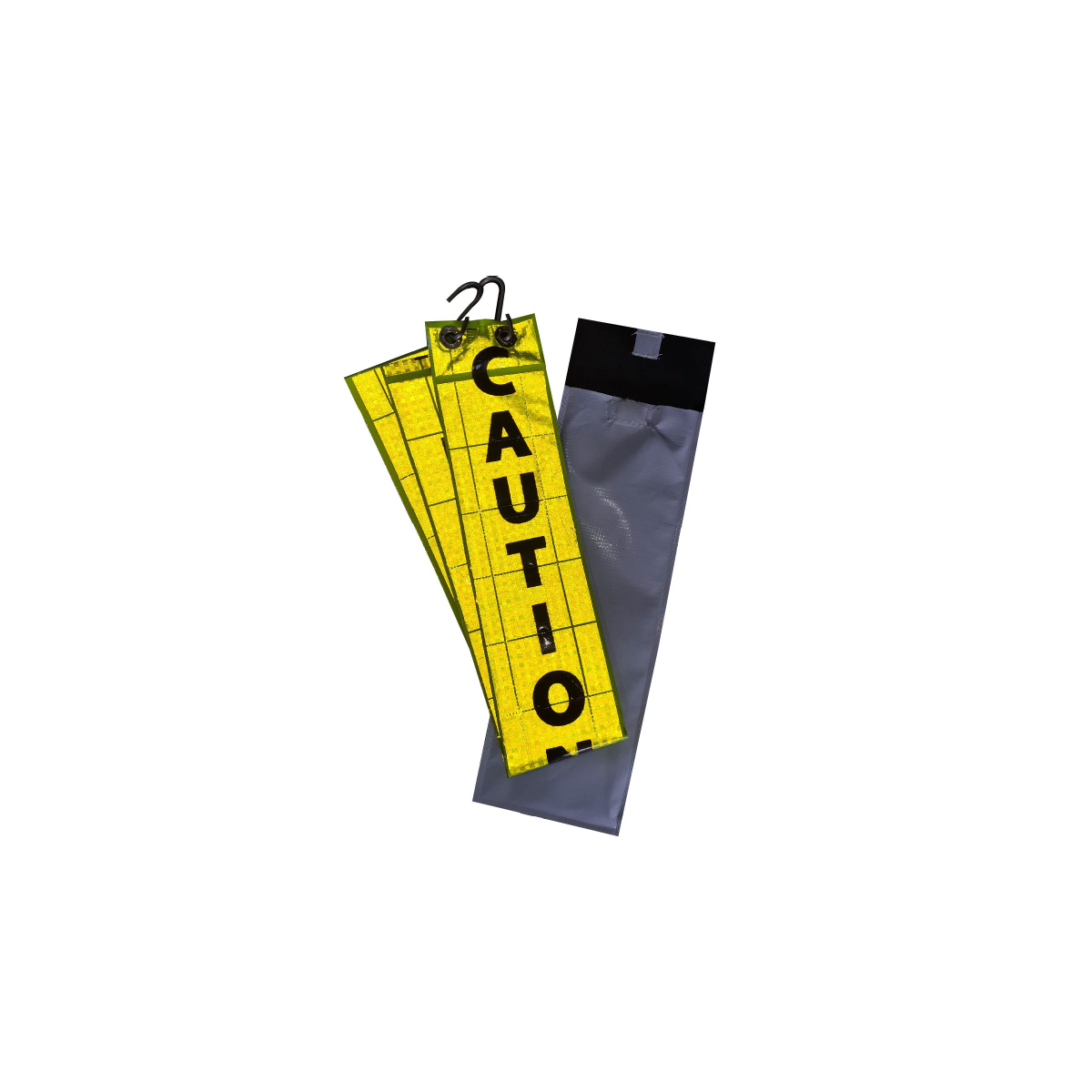Two yellow caution tape strips with black grid lines and the word 'CAUTION' printed vertically, shown with a black plastic roll holder on a plain white background.