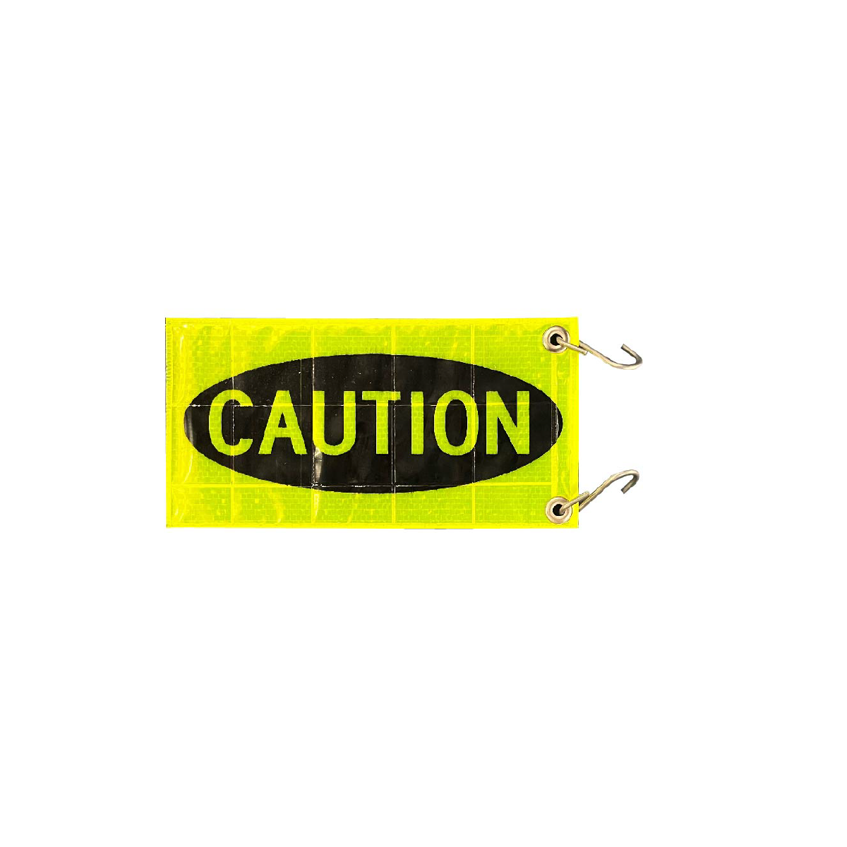 A rectangular high-visibility safety flag with a bright neon yellow background, a black oval in the center containing the word 'CAUTION' in neon yellow, and two metal hanging hooks on the right side.