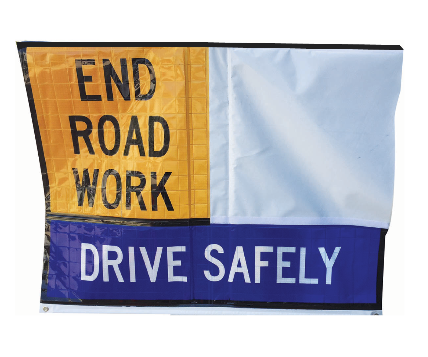 2 Fixed Panel Multi-Message Roll-Up Sign — reinforced vinyl with Velcro and stay clips, 900×600 or 1200×900