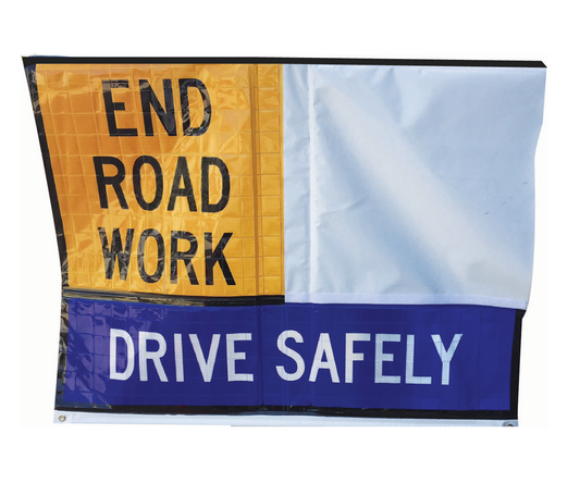 2 Fixed Panel Multi-Message Roll-Up Sign — reinforced vinyl with Velcro and stay clips, 900×600 or 1200×900