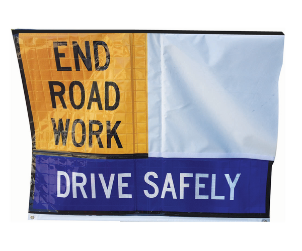 2 Fixed Panel Multi-Message Roll-Up Sign — reinforced vinyl with Velcro and stay clips, 900×600 or 1200×900