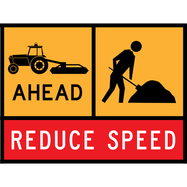 CMA, TC 1332 AND TC 1220 Mowing Ahead – Workman Ahead – Reduce Speed Multi Message – 1200x900mm – Roll-Up Traffic Control Sign