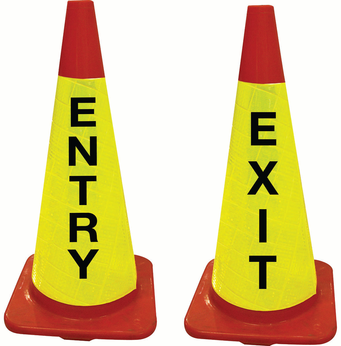 Two high-visibility traffic cones on a white background, one labeled ENTRY and the other EXIT, with red tops and bases and reflective yellow bodies.