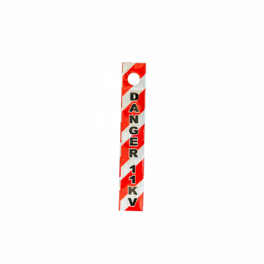 Danger 11KV warning label with red and white striped pattern on a white background