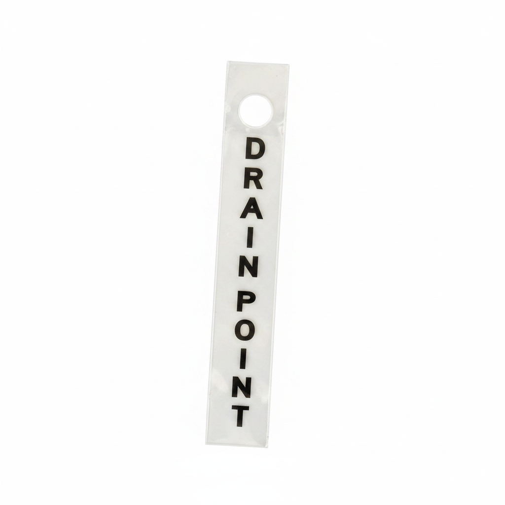 Wooden sign with 'DRAIN POINT' text on a white background