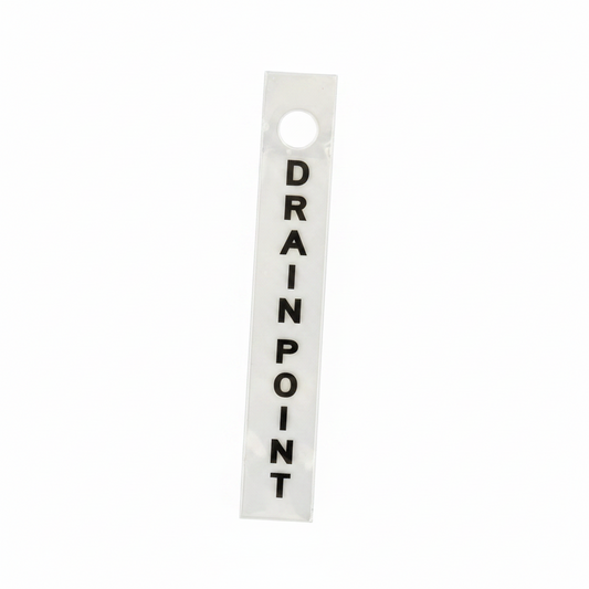 Wooden sign with 'DRAIN POINT' text on a white background