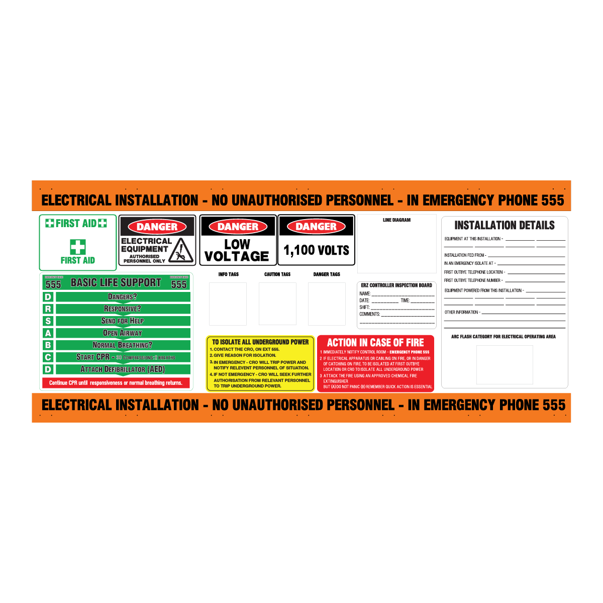 3 Metre 1000 Volt Electrical Reflective Roll Up DCB Banner / Low Voltage Distribution Control Board Safety Sign 3100mm x 1300mm