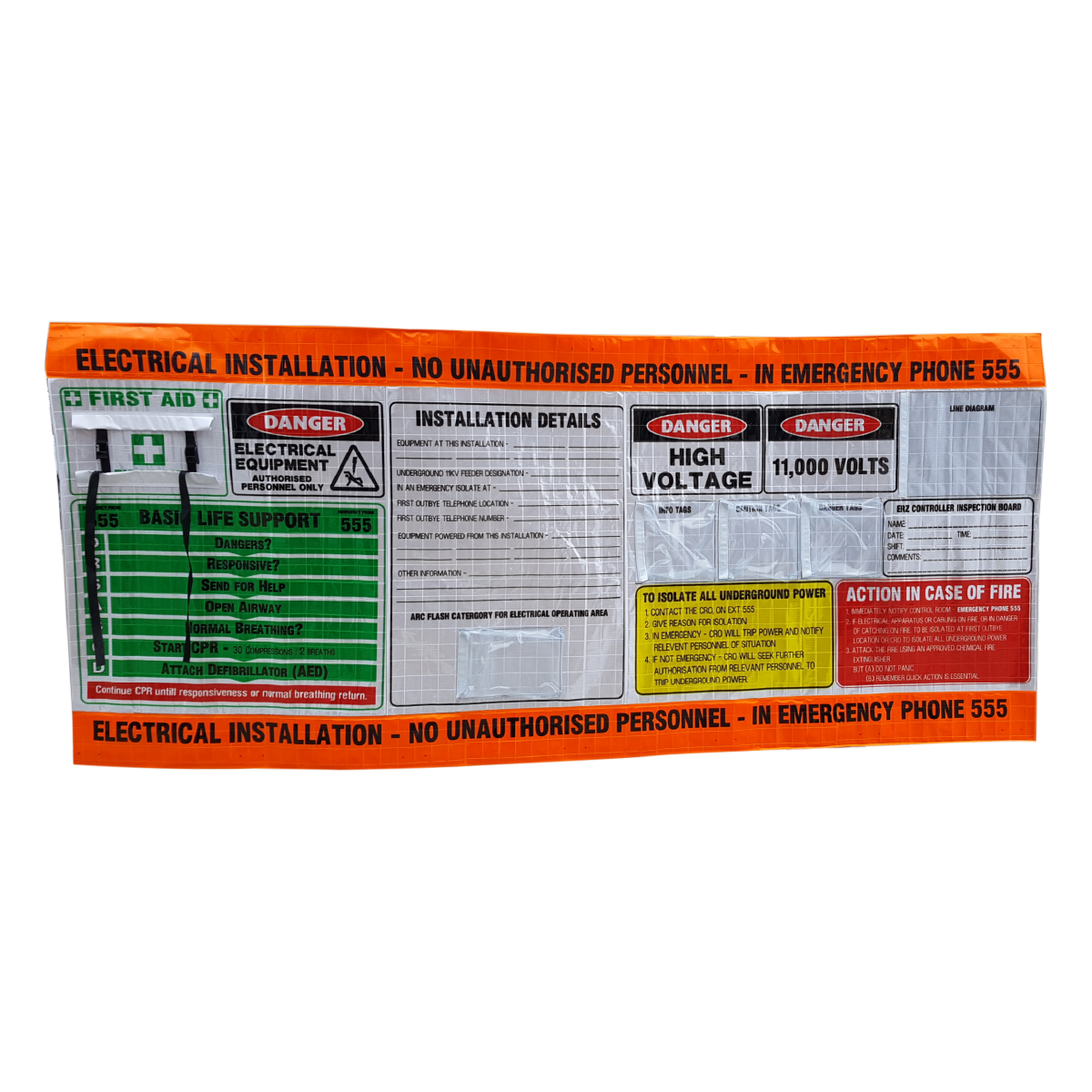 3 Metre 11,000 Volt Electrical Reflective Roll Up DCB Banner / High Voltage Distribution Control Board Safety Sign 3100mm x 1300mm