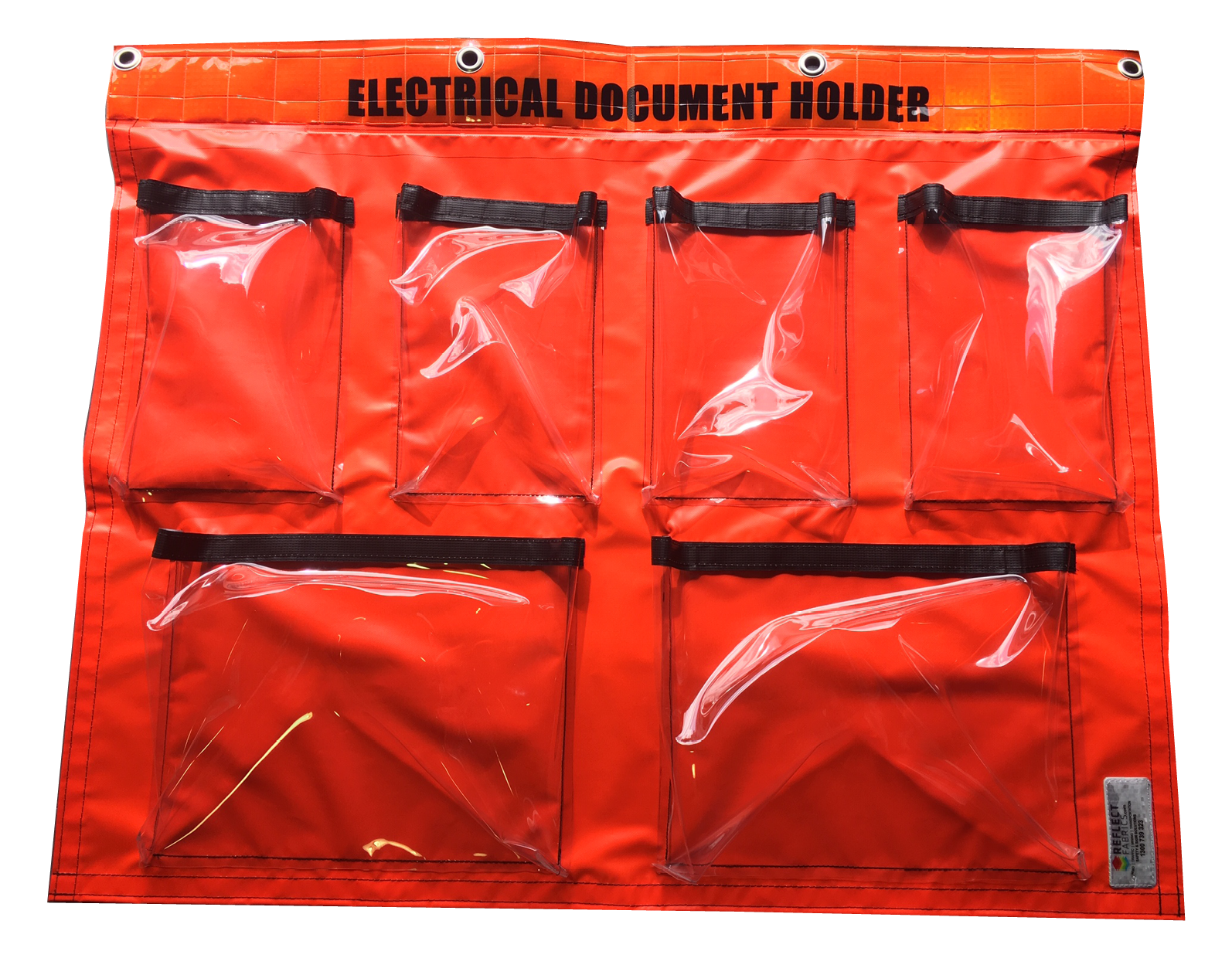 Reflective electrical document holder banner with 4 A4 and 2 A3 clear pockets, Velcro closures, reinforced eyelets, and reflective top section for underground and electrical site use.